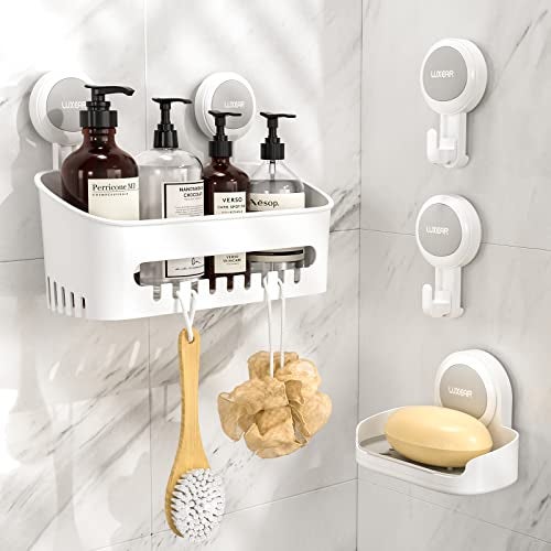 LUXEAR 4 Pack Shower Caddy Set - Suction Cup Shower Shelf+Soap Dish+Hooks - 1 Sec Installation NO-Drill Removable Powerful Waterproof Organizer - Image 1