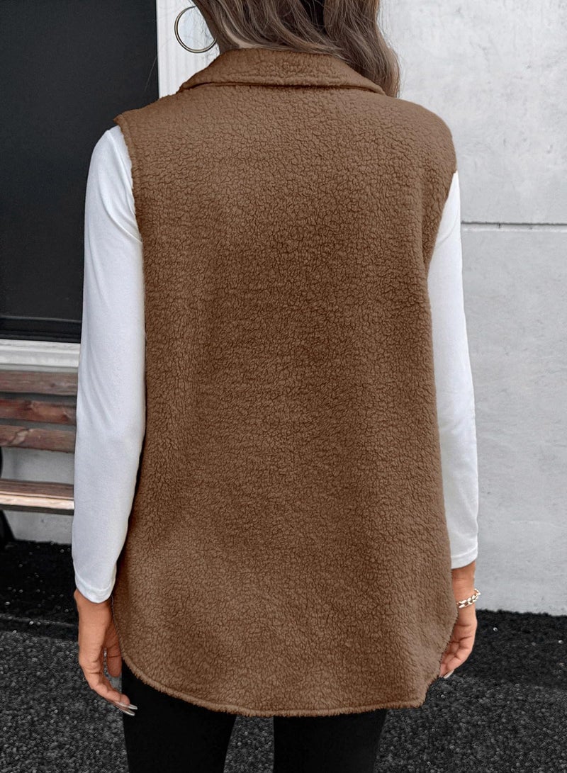 EVALESS Womens Vest Fleece Jackets Casual Outerwear Fall Clothes Trendy 2025 Winter Outfits Fuzzy Fleece Vest Sleeveless Button Up Oversized Brown Sherpa Jacket Faux Fur Coat with Pockets, Medium - Image 5