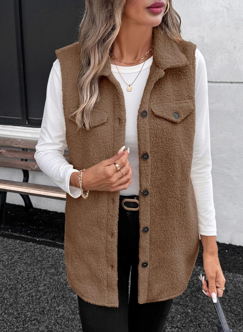 EVALESS Womens Vest Fleece Jackets Casual Outerwear Fall Clothes Trendy 2025 Winter Outfits Fuzzy Fleece Vest Sleeveless Button Up Oversized Brown Sherpa Jacket Faux Fur Coat with Pockets, Medium - Image 4