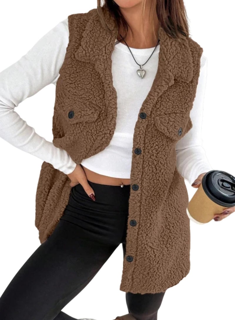 EVALESS Womens Vest Fleece Jackets Casual Outerwear Fall Clothes Trendy 2025 Winter Outfits Fuzzy Fleece Vest Sleeveless Button Up Oversized Brown Sherpa Jacket Faux Fur Coat with Pockets, Medium - Image 1