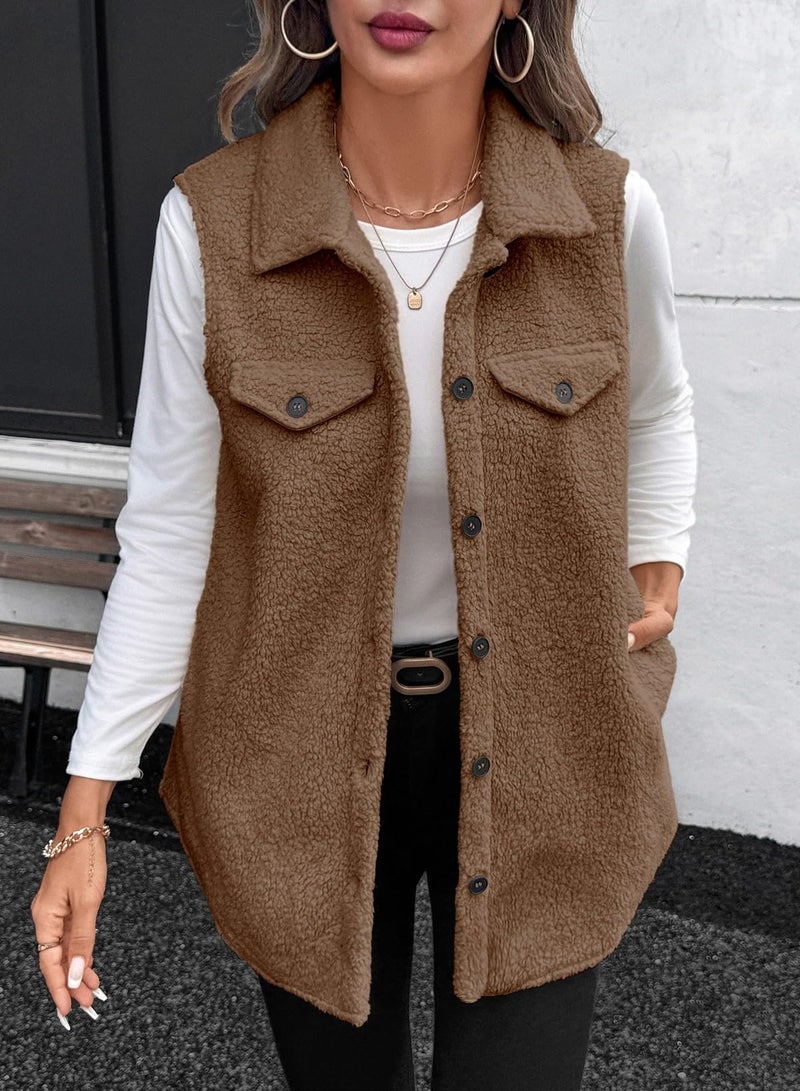 EVALESS Womens Vest Fleece Jackets Casual Outerwear Fall Clothes Trendy 2025 Winter Outfits Fuzzy Fleece Vest Sleeveless Button Up Oversized Brown Sherpa Jacket Faux Fur Coat with Pockets, Medium - Image 3