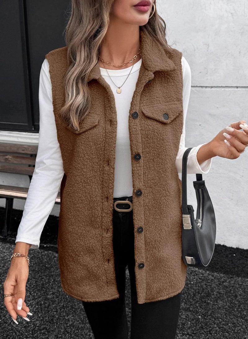 EVALESS Womens Vest Fleece Jackets Casual Outerwear Fall Clothes Trendy 2025 Winter Outfits Fuzzy Fleece Vest Sleeveless Button Up Oversized Brown Sherpa Jacket Faux Fur Coat with Pockets, Medium - Image 2