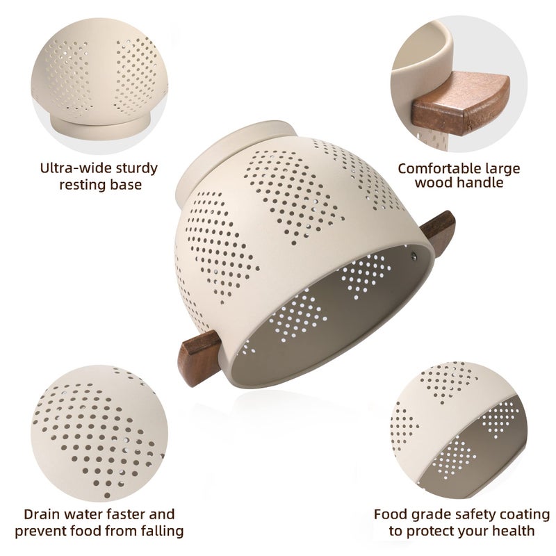BeFare Metal Colander with Wood Handle and Stable Base, Powder Coated Steel Kitchen Strainer Basket for Draining Pasta, Vegetable and fruit(7quart,Sandyellow) - Image 5