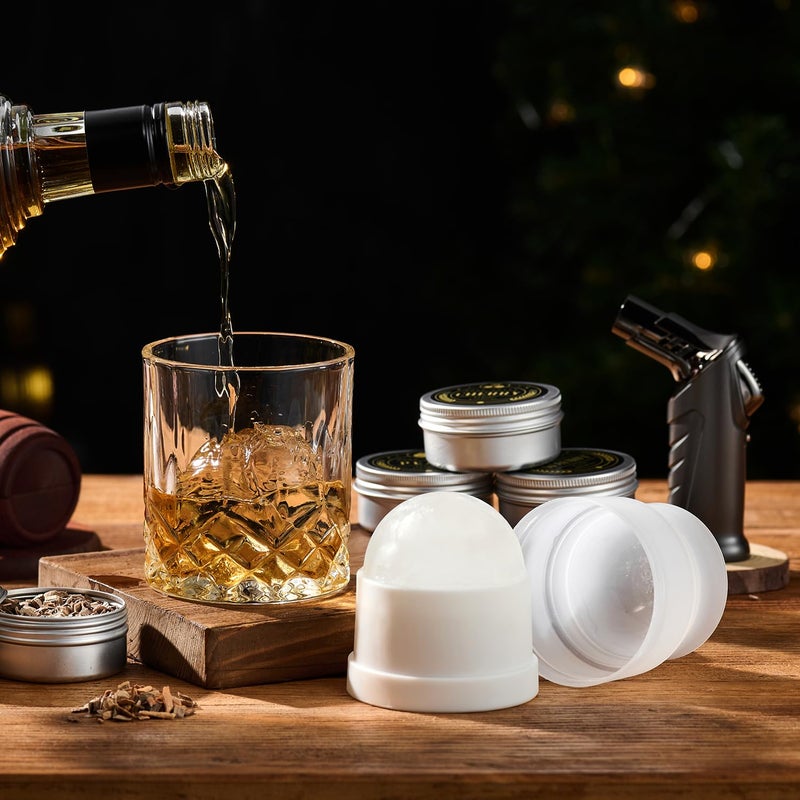 ComboJoy طقم تدخين الويسكي مع شعلة - 6 نكهات من رقائق الخشب، 2 كؤوس، 2 قوالب كرات الثلج - طقم مدخن الكوكتيل، طقم مدخن المشروبات القديمة، هدايا الويسكي للرجال، الأب (بدون بوتان)  - Image 5