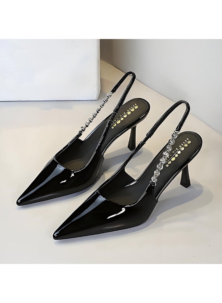 بيج تري مضخات إصبع القدم المغلقة للنساء بلا خلفية ستيليتو كعب عالي مع حزام كاحل الراينست أسود 8 سم - Image 1