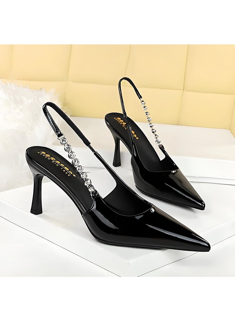 بيج تري مضخات إصبع القدم المغلقة للنساء بلا خلفية ستيليتو كعب عالي مع حزام كاحل الراينست أسود 8 سم - Image 2