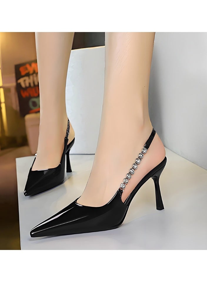 بيج تري مضخات إصبع القدم المغلقة للنساء بلا خلفية ستيليتو كعب عالي مع حزام كاحل الراينست أسود 8 سم - Image 3