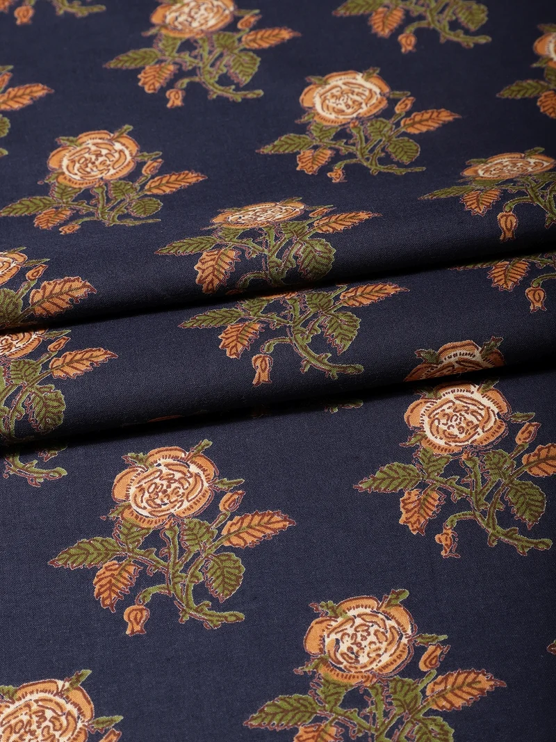 أيه كيه إس Indigo Rose Hand-Block Print Fabric