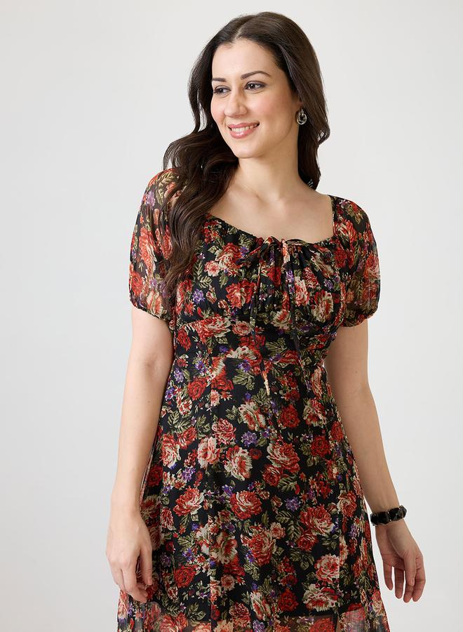 globus Floral Printed Square Neck Side Slit Midi Dress - Image 5