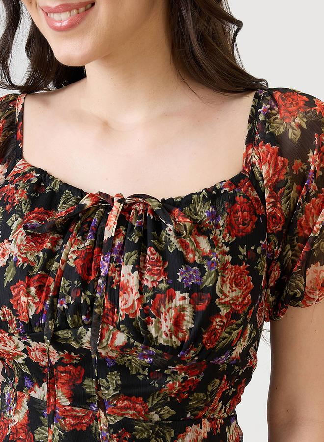 globus Floral Printed Square Neck Side Slit Midi Dress - Image 4