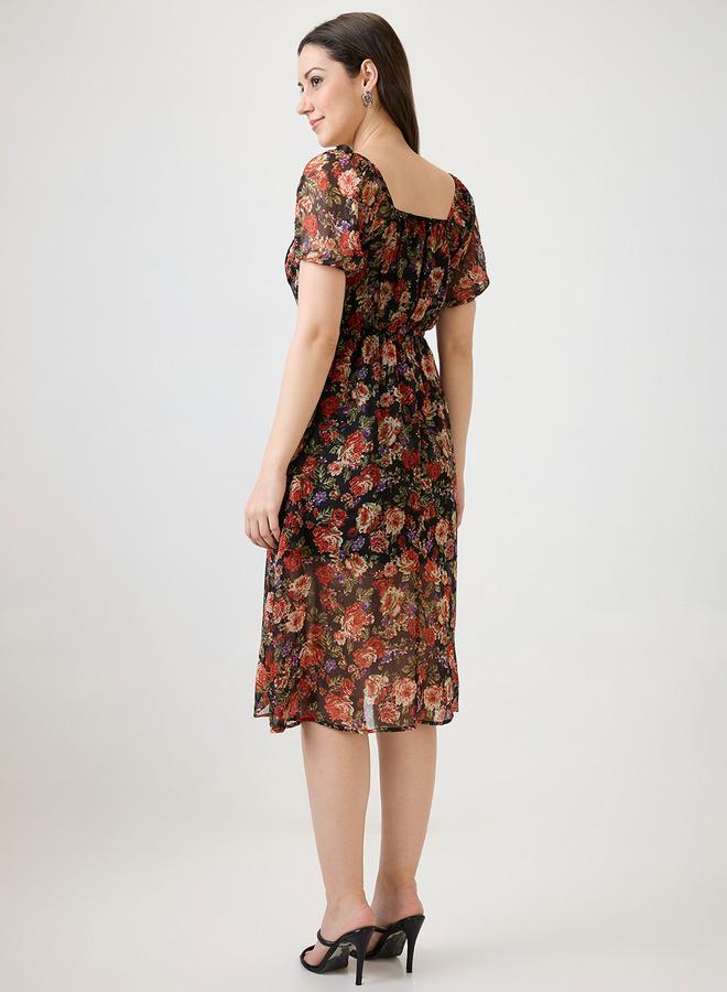 globus Floral Printed Square Neck Side Slit Midi Dress - Image 3