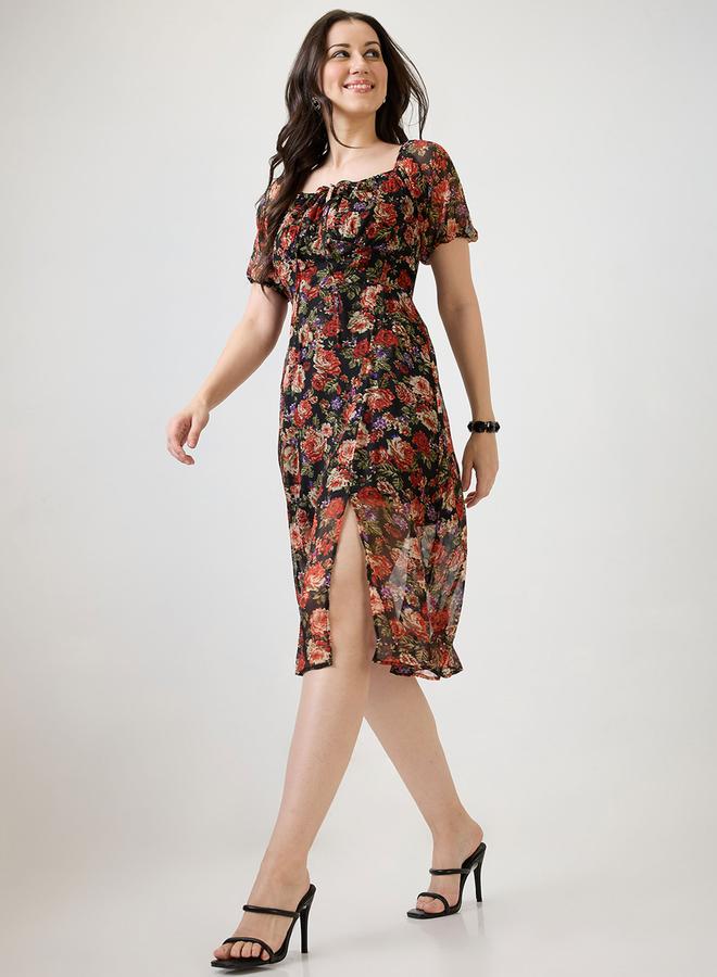 globus Floral Printed Square Neck Side Slit Midi Dress - Image 1