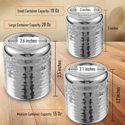 CRAFTONE Stainless Steel Hammered Containers Set of 3 with Spoon, Ideal for Tea, Coffee, Sugar, Masala Storage Sugar Container with Lid for Salt, Coffee, Dishwasher Safe (10 Oz, 15 Oz, 20 Oz) - Image 2