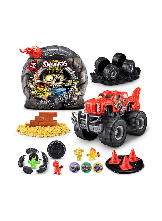 SMASHERS مفاجأة شاحنة الوحوش (شاحنة الديناصور) مع 25 مفاجأة لجمع شاحنة الوحش، اكتشاف مواد سلايم رملية، مجموعة ألعاب للأطفال الأولاد من 3 سنوات فما فوق - Image 2
