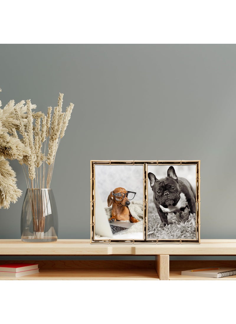 Lawrence Frames Lawrence Frames 4x6 Double Gold Metal Picture Frame with Bamboo Design  - Image 3
