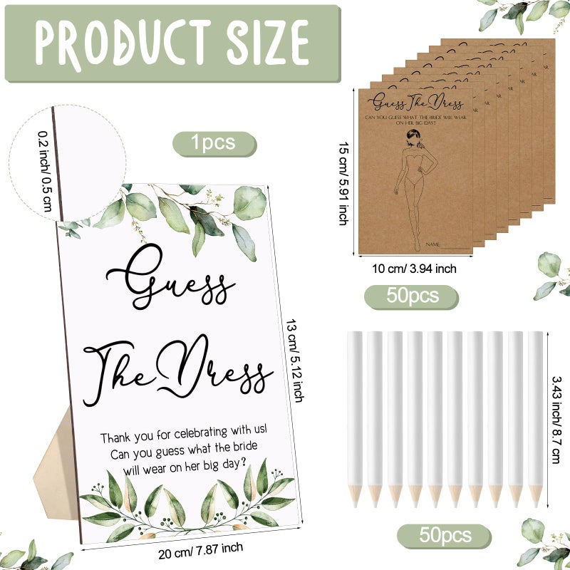 Seajan 50 Sets Guess The Dress Bridal Shower Game Wooden Sign Fun Bridal Shower Games Table Sign 50 Small Guessing Cards 50 Pencils for Guests Wedding Bachelorette Party Supplies(Green Leaves) - Image 2