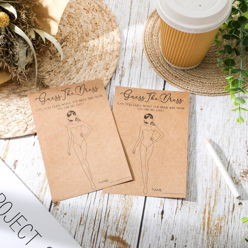 Seajan 50 Sets Guess The Dress Bridal Shower Game Wooden Sign Fun Bridal Shower Games Table Sign 50 Small Guessing Cards 50 Pencils for Guests Wedding Bachelorette Party Supplies(Green Leaves) - Image 4