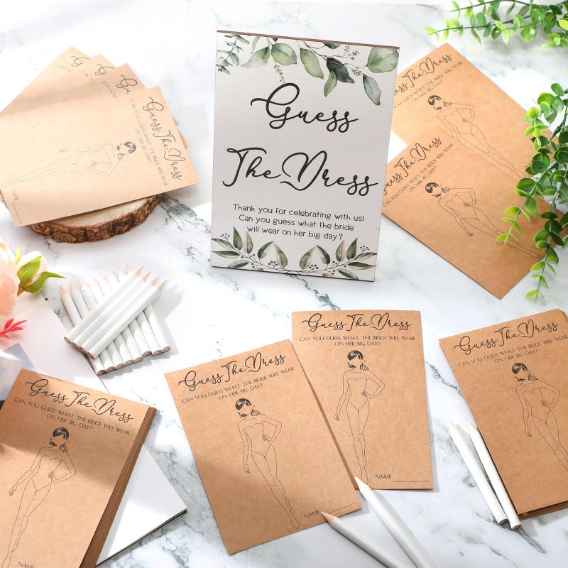 Seajan 50 Sets Guess The Dress Bridal Shower Game Wooden Sign Fun Bridal Shower Games Table Sign 50 Small Guessing Cards 50 Pencils for Guests Wedding Bachelorette Party Supplies(Green Leaves) - Image 3