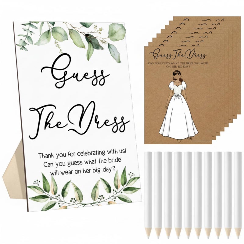 Seajan 50 Sets Guess The Dress Bridal Shower Game Wooden Sign Fun Bridal Shower Games Table Sign 50 Small Guessing Cards 50 Pencils for Guests Wedding Bachelorette Party Supplies(Green Leaves) - Image 1