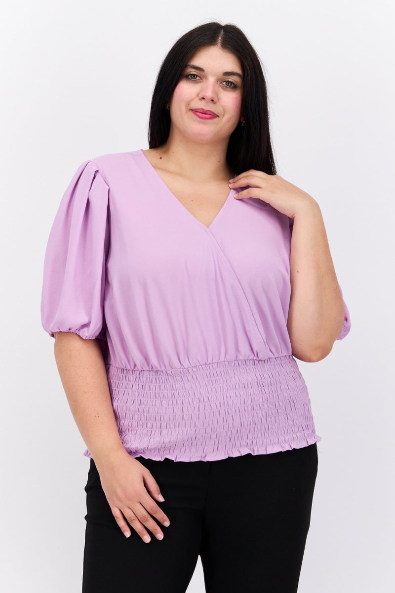 1 State Women Plus Size V-Neck Puffed Sleeves Plain Blouse, Purple - Image 1