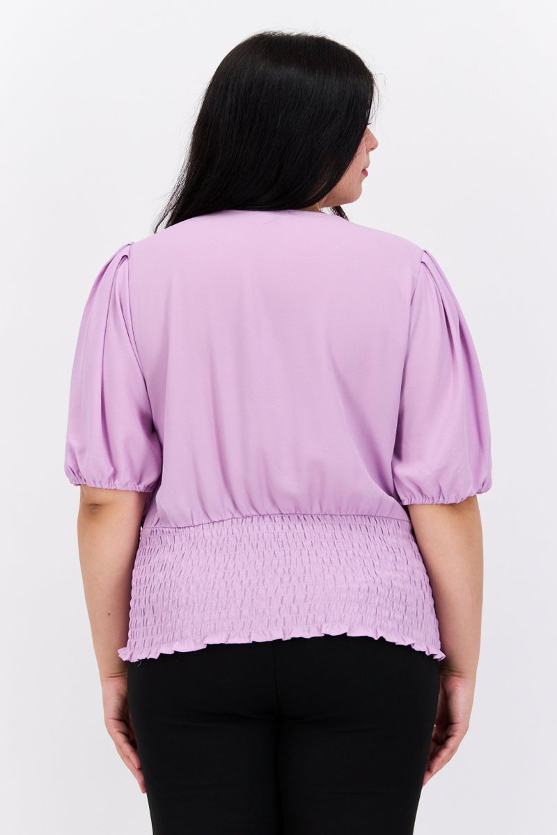 1 State Women Plus Size V-Neck Puffed Sleeves Plain Blouse, Purple - Image 3