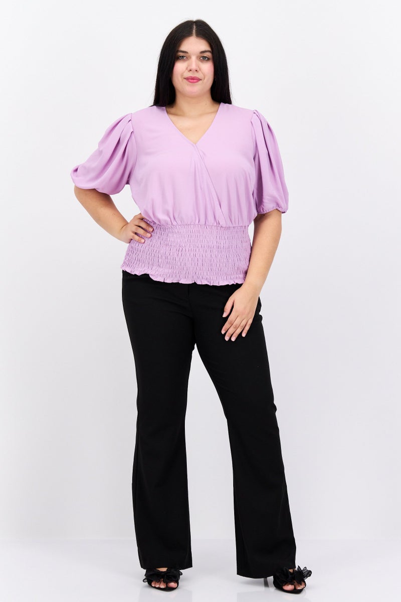 1 State Women Plus Size V-Neck Puffed Sleeves Plain Blouse, Purple - Image 4