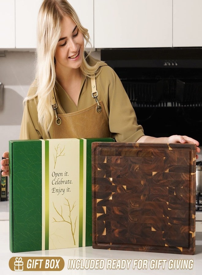 AZRHOM End Grain Acacia Wood Cutting Board 17x13x1.5 in Reversible Wood Butcher Block, Large Thick Chopping Board For Kitchen With Juice Groove & Handles (Gift Box) - Image 3