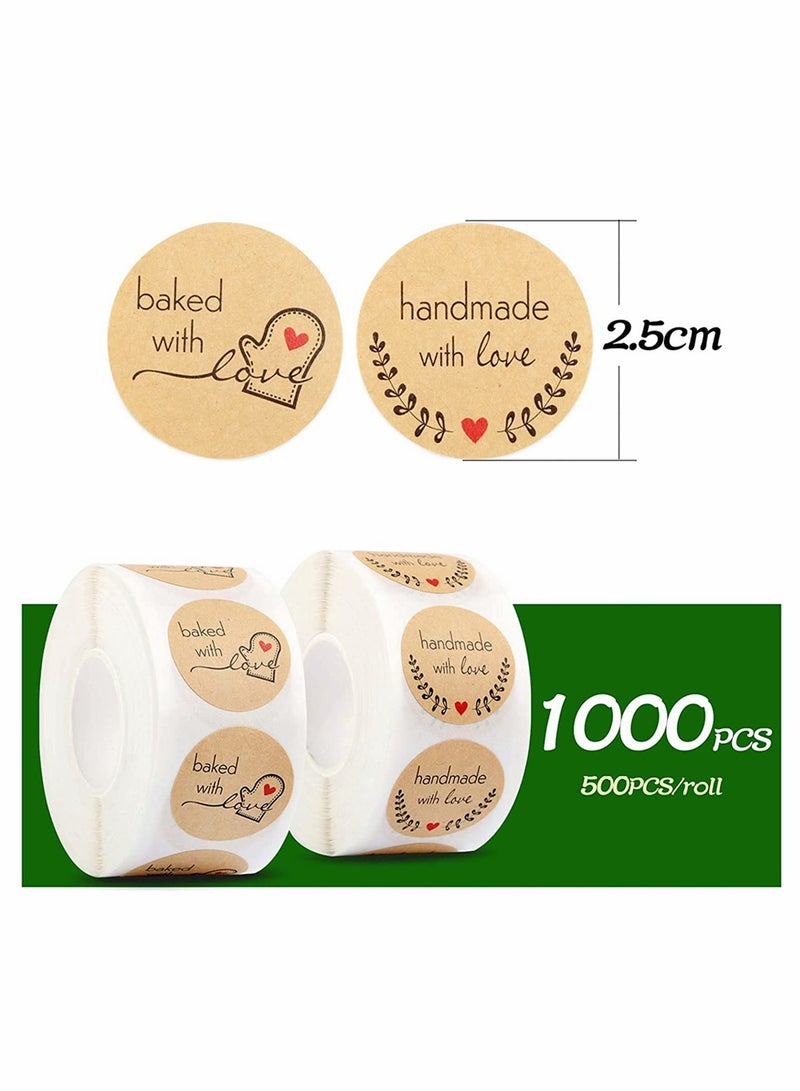 Excefore 1000Pcs/2 Rolls Kraft Paper Thank You Stickers Handmade with Love and Baked with Love Stickers 1 Inch Round DIY Self-Adhesive Stickers Homemade Baking Packing Labels - Image 5