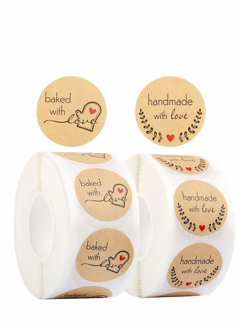 Excefore 1000Pcs/2 Rolls Kraft Paper Thank You Stickers Handmade with Love and Baked with Love Stickers 1 Inch Round DIY Self-Adhesive Stickers Homemade Baking Packing Labels - Image 1