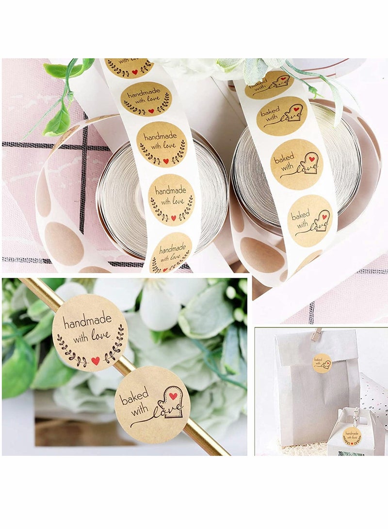 Excefore 1000Pcs/2 Rolls Kraft Paper Thank You Stickers Handmade with Love and Baked with Love Stickers 1 Inch Round DIY Self-Adhesive Stickers Homemade Baking Packing Labels - Image 4