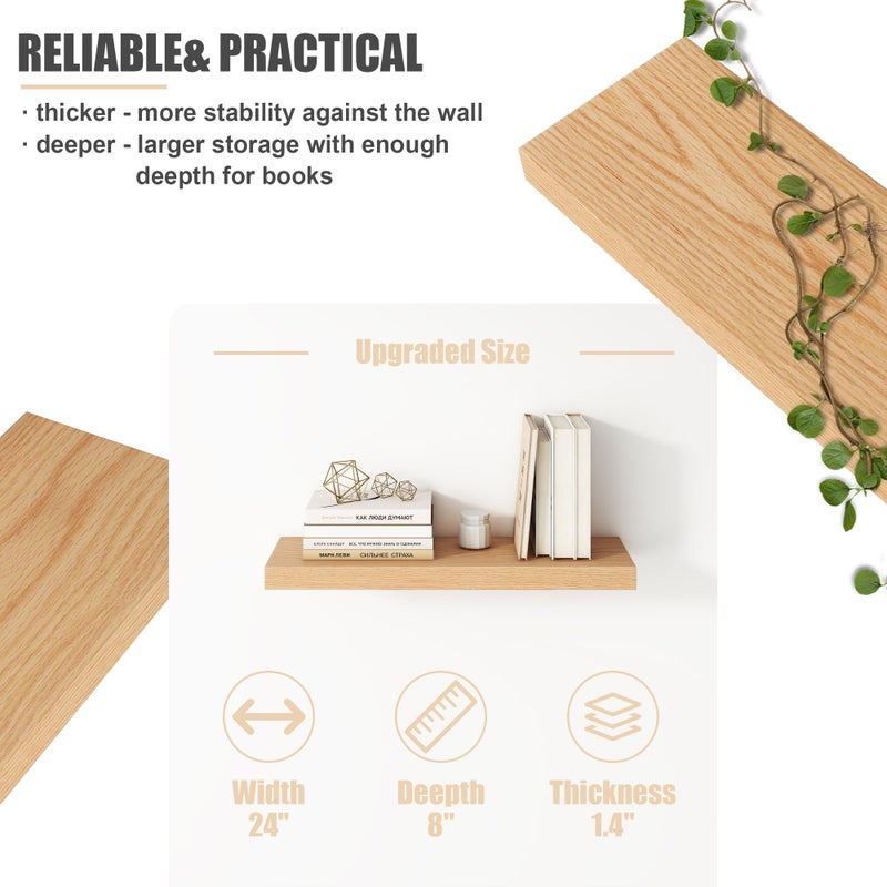 FLYJOE Floating Shelves for Wall, USA-Sourced Oak Wood 24 Inch Wall Shelves Set of 2, Natural Wooden Wall Mounted Picture Ledge Shelf, Nursery Book Storage Shelf Kids Bookshelf, Display Shelf for Bathroom - Image 3