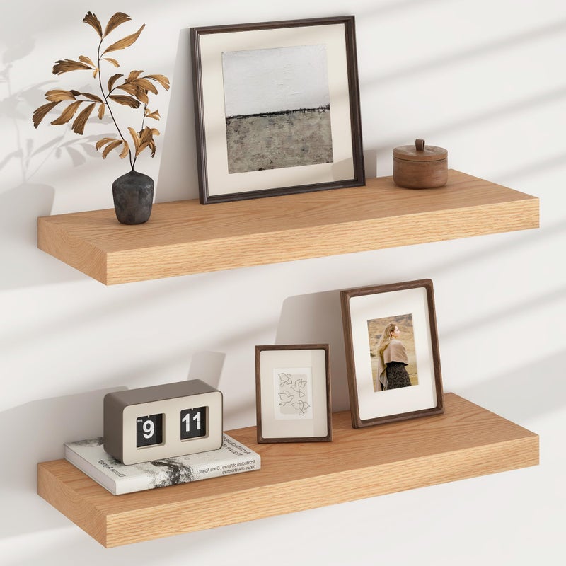 FLYJOE Floating Shelves for Wall, USA-Sourced Oak Wood 24 Inch Wall Shelves Set of 2, Natural Wooden Wall Mounted Picture Ledge Shelf, Nursery Book Storage Shelf Kids Bookshelf, Display Shelf for Bathroom - Image 1