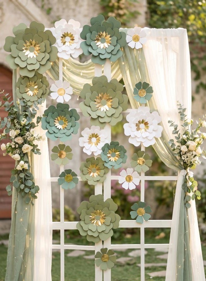 Mybbshower Paper Flower for Birthday Wedding Party Backdrop Nursery Wall Home Decor (10 inch-6 inch) Pack of 12 (Dusty Green White) - Image 2