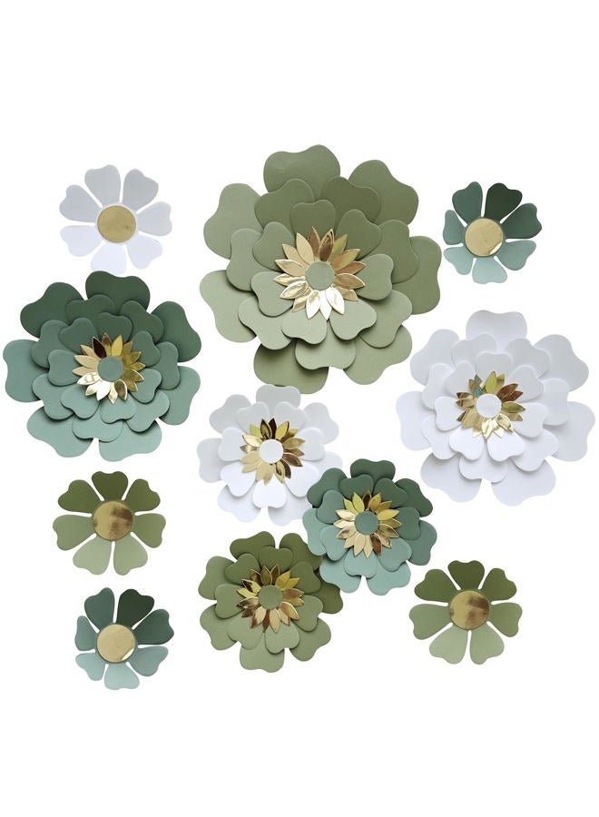 Mybbshower Paper Flower for Birthday Wedding Party Backdrop Nursery Wall Home Decor (10 inch-6 inch) Pack of 12 (Dusty Green White) - Image 1