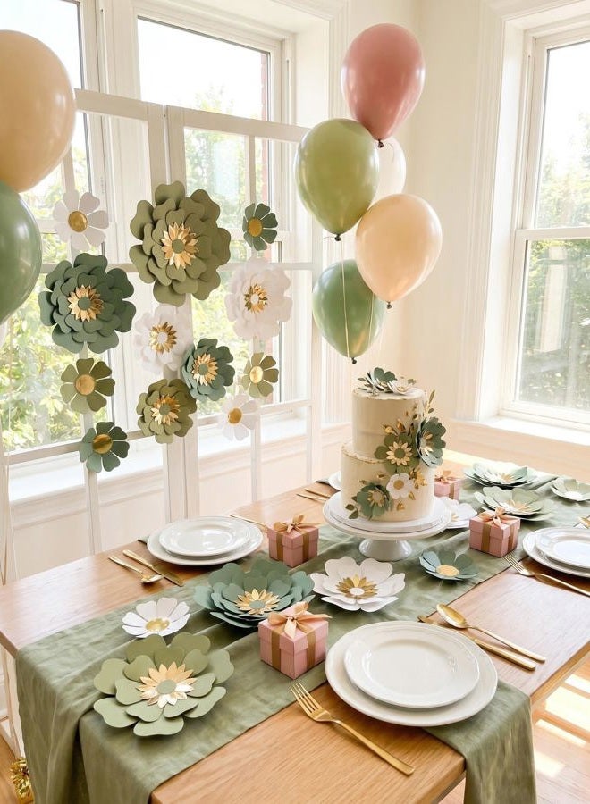 Mybbshower Paper Flower for Birthday Wedding Party Backdrop Nursery Wall Home Decor (10 inch-6 inch) Pack of 12 (Dusty Green White) - Image 5