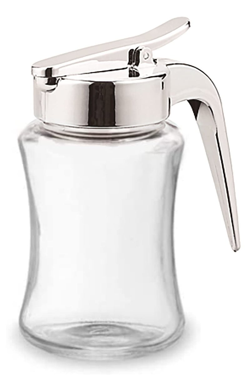 J&M Design Glass Syrup Dispenser Bottle for Maple Syrup, Honey Pot or Sugar Jar W/Handle Shaker For Pancakes, Coffee, Cereal Bowl, Tea Pour Spout Lid Easy Spoon Measure 7.5oz Container Holder - Image 1