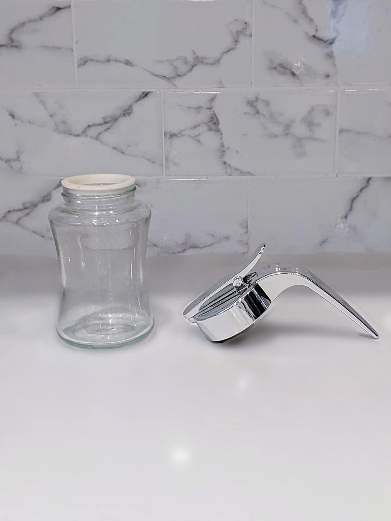 J&M Design Glass Syrup Dispenser Bottle for Maple Syrup, Honey Pot or Sugar Jar W/Handle Shaker For Pancakes, Coffee, Cereal Bowl, Tea Pour Spout Lid Easy Spoon Measure 7.5oz Container Holder - Image 4