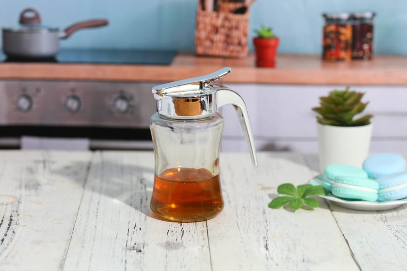 J&M Design Glass Syrup Dispenser Bottle for Maple Syrup, Honey Pot or Sugar Jar W/Handle Shaker For Pancakes, Coffee, Cereal Bowl, Tea Pour Spout Lid Easy Spoon Measure 7.5oz Container Holder - Image 5