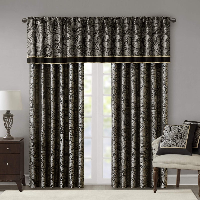 Madison Park Aubrey Jacquard Rod Pocket Valance , Classic Elegant Silk Paisley Valances for Windows , 50X18" , Black - Image 5