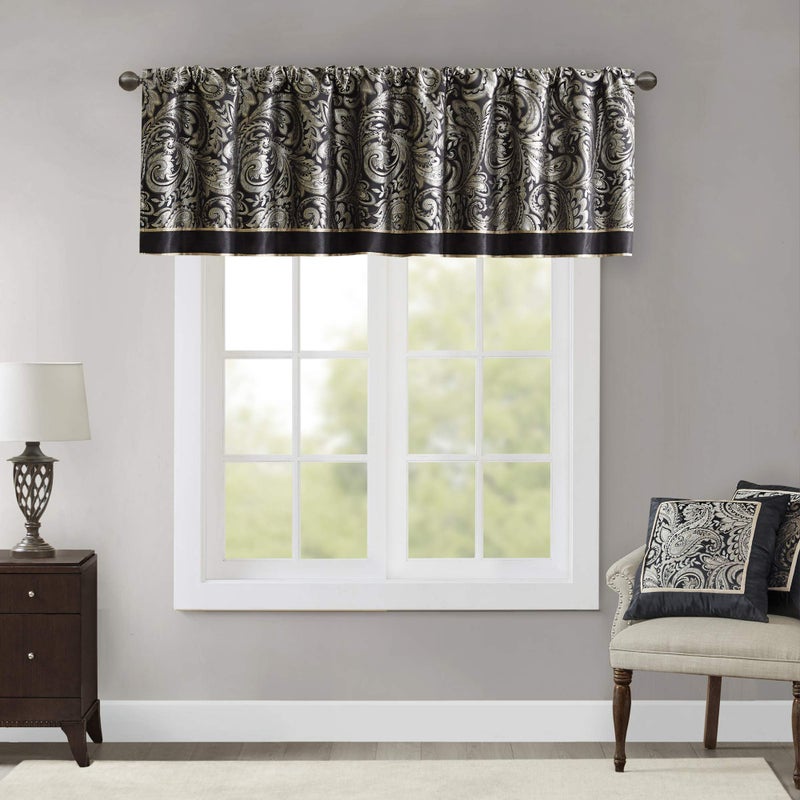 Madison Park Aubrey Jacquard Rod Pocket Valance , Classic Elegant Silk Paisley Valances for Windows , 50X18" , Black - Image 1