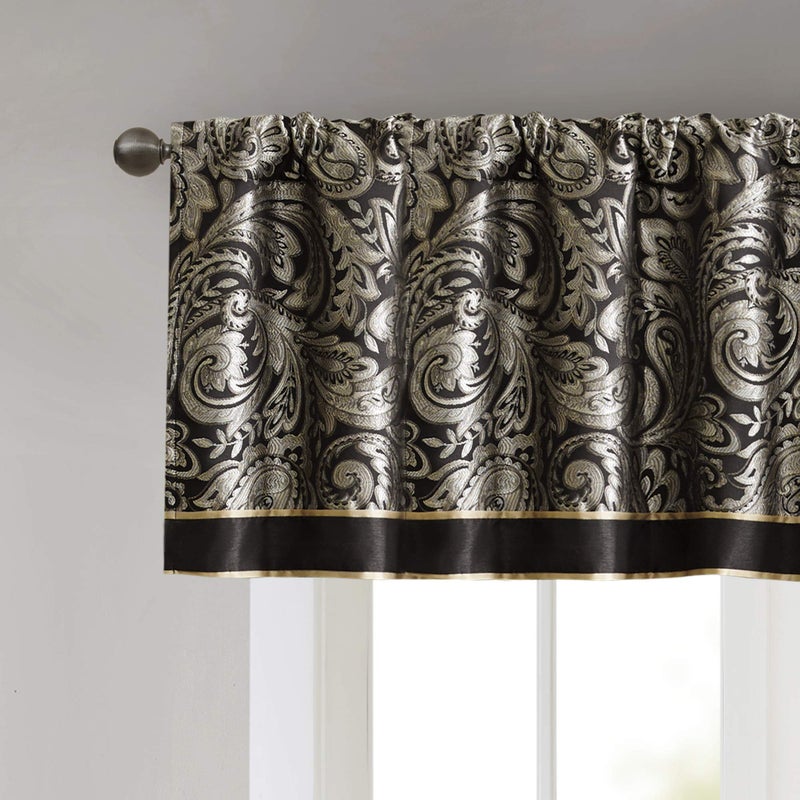 Madison Park Aubrey Jacquard Rod Pocket Valance , Classic Elegant Silk Paisley Valances for Windows , 50X18" , Black - Image 3