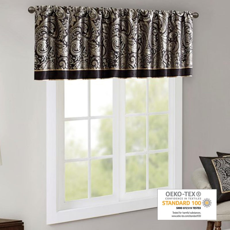 Madison Park Aubrey Jacquard Rod Pocket Valance , Classic Elegant Silk Paisley Valances for Windows , 50X18" , Black - Image 2