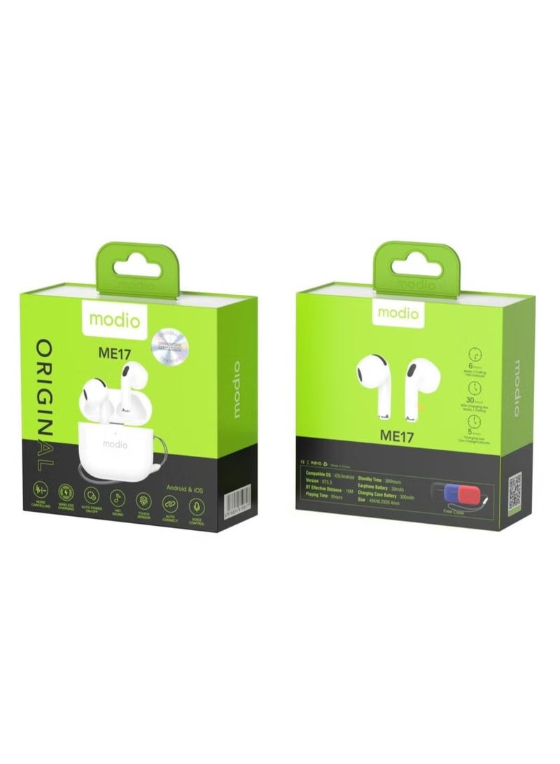 modio ME17 Wireless Bluetooth Earbud Pro – Lightweight Single Earbud with Bluetooth 5.3, Built-In Mic, Noise Isolation, Long Battery Life & USB Charging Case – Hands-Free Headset for Android, iPhone & Tablets – Compact White Design for Calls, Music & Daily Use - Image 2
