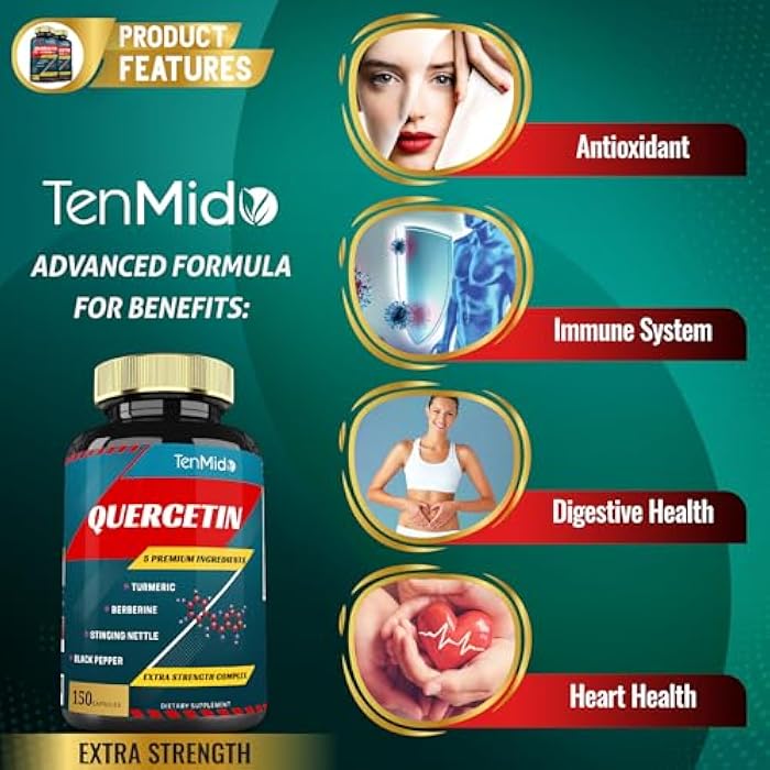 Tenmido Quercetin Supplements Capsules - Supports Immune System & Heart Health, Antioxidants with Berberine, Stinging Nettle, Turmeric, Black Pepper - 150 Capsules - 5 Months Supply - Image 4