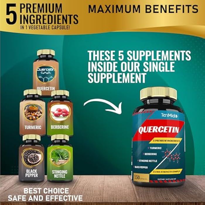 Tenmido Quercetin Supplements Capsules - Supports Immune System & Heart Health, Antioxidants with Berberine, Stinging Nettle, Turmeric, Black Pepper - 150 Capsules - 5 Months Supply - Image 2