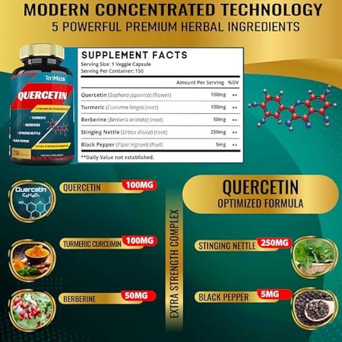 Tenmido Quercetin Supplements Capsules - Supports Immune System & Heart Health, Antioxidants with Berberine, Stinging Nettle, Turmeric, Black Pepper - 150 Capsules - 5 Months Supply - Image 3