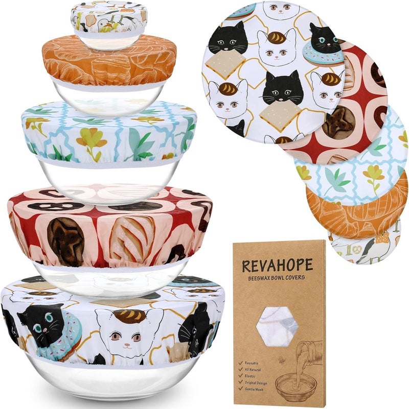Revahope 5-Size Reusable Beeswax Bowl Covers for Bread Proofing, Cotton Cloth Flexible Beeswax Wraps for Food Storage(Toast Cat) - Image 1