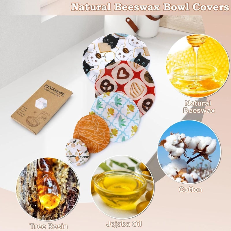 Revahope 5-Size Reusable Beeswax Bowl Covers for Bread Proofing, Cotton Cloth Flexible Beeswax Wraps for Food Storage(Toast Cat) - Image 3