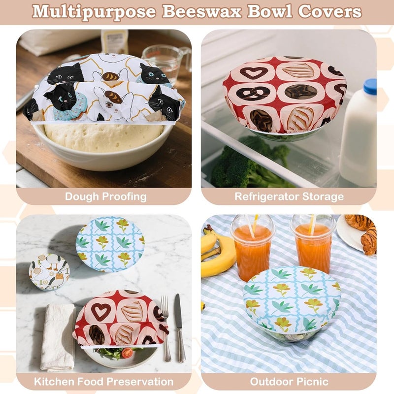 Revahope 5-Size Reusable Beeswax Bowl Covers for Bread Proofing, Cotton Cloth Flexible Beeswax Wraps for Food Storage(Toast Cat) - Image 5