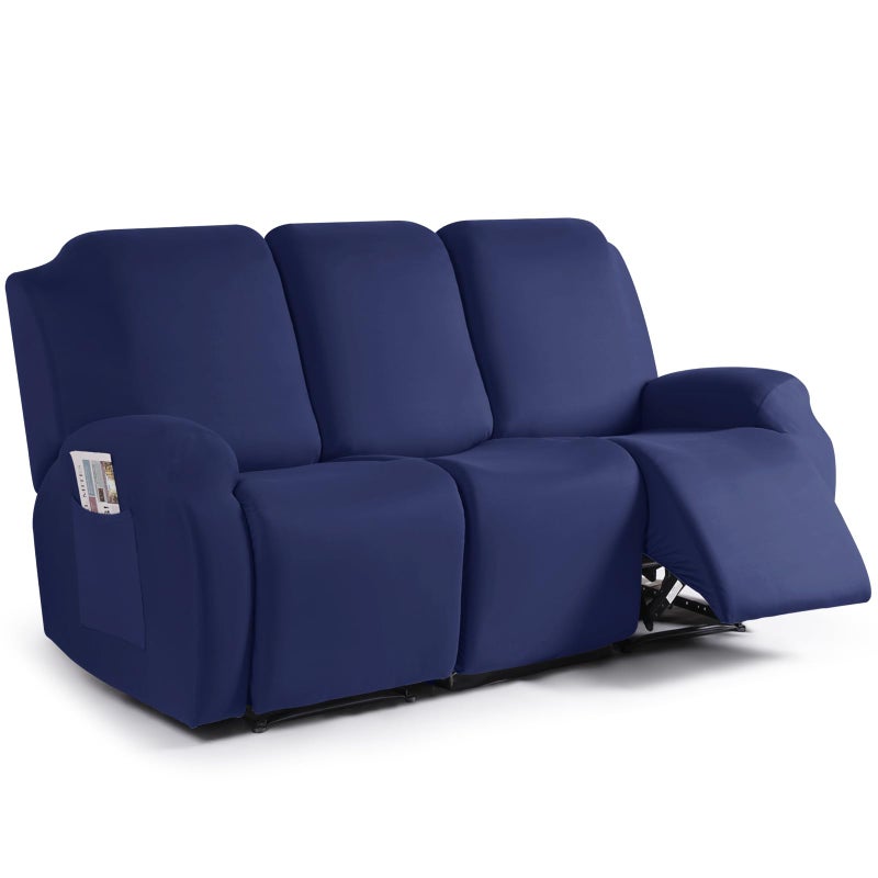 TAOCOCO Recliner Sofa Slipcover, 3 Pieces Polyester Fabric Stretch Sofa Covers for 3 Seat Reclining Couch, Soft Washable Furniture Protector with Pockets (3 Seat, Dark Blue) - Image 1